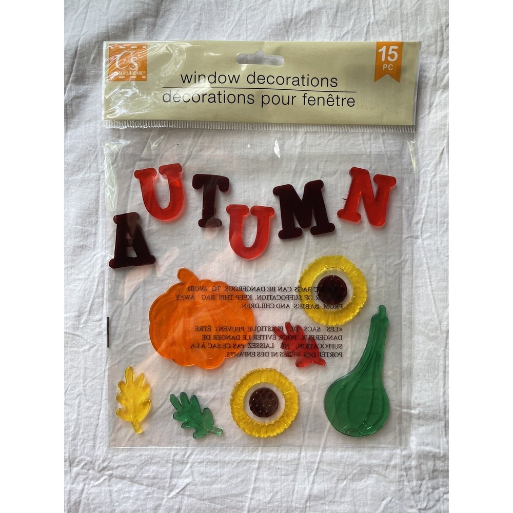 NEW AUTUMN Harvest 15 pc Window Gel Clings Pumpkin Leaves Sunflowers Gourds FALL